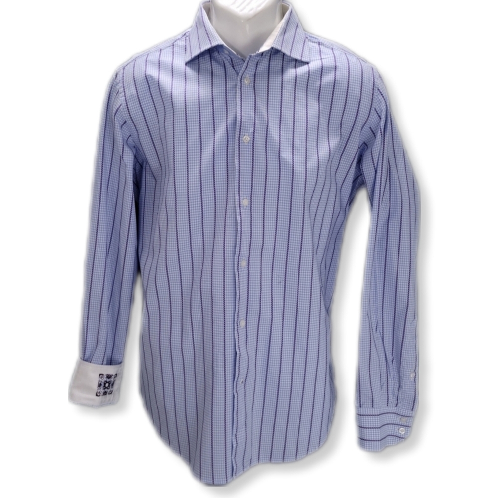 Robert Graham Mens M/L 41/16 Shirt Blue Gingham Long Button Front Contrast Cuff